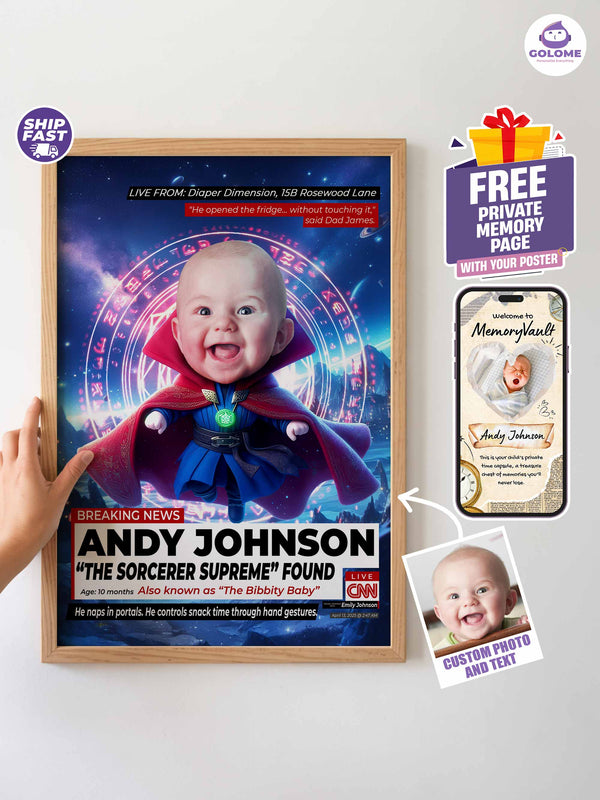 Custom Baby News Poster, Funny Baby Wizard Wall Art, Personalized Superhero Nursery Print, Newborn Keepsake Gift, Baby Shower Decoration